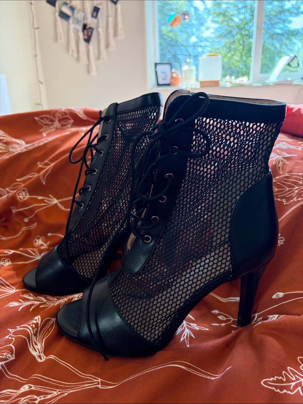 Women's Black Mesh Lace-Up High Heel Booties